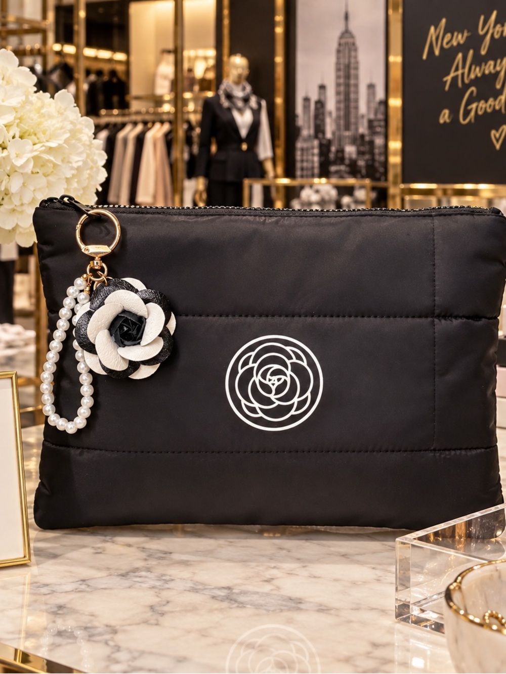 Elevated Make up Cosmetic Bag with Flower & Pearl Charm NWT